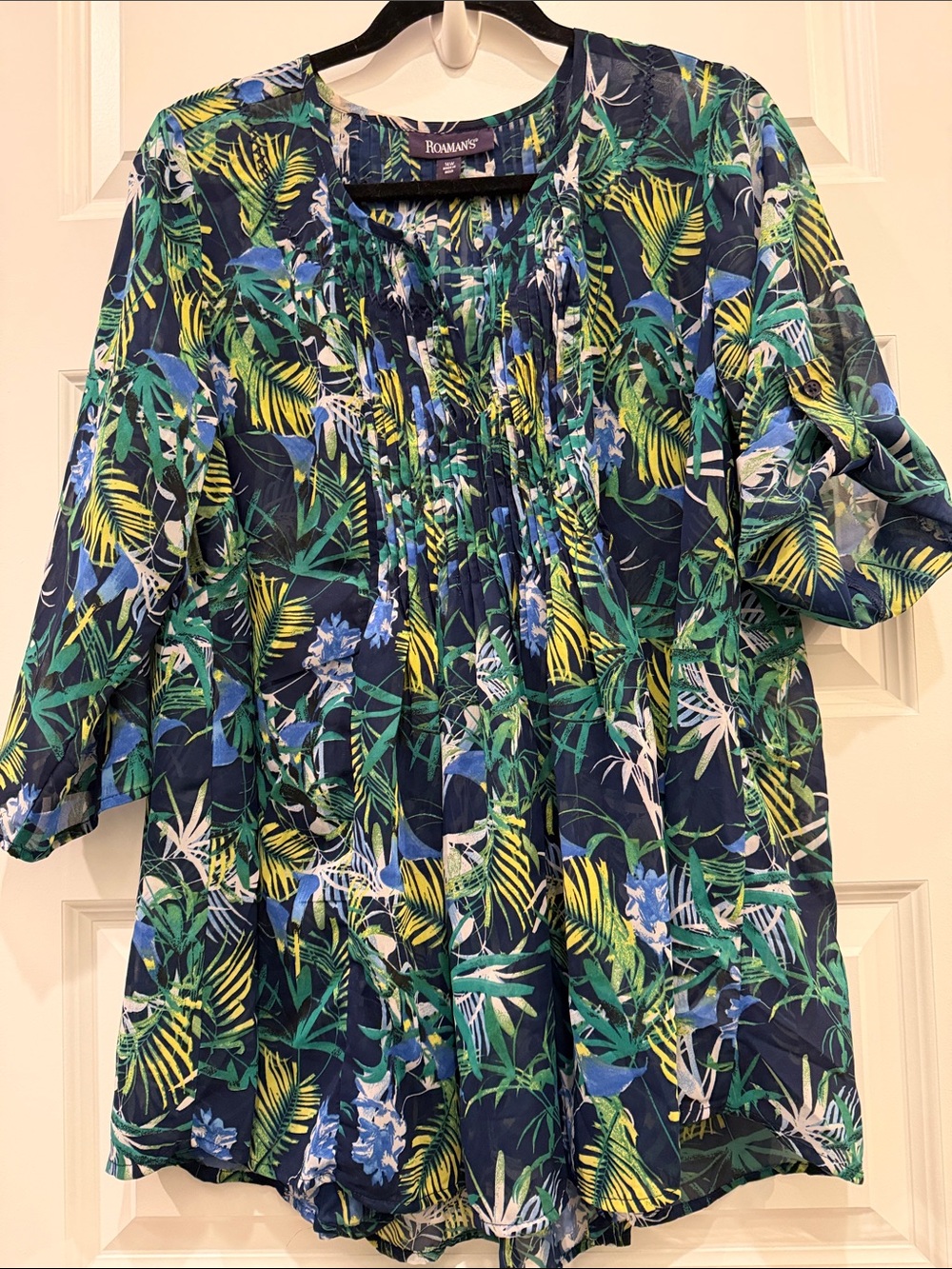 Roaman's Navy Tropical Print  Sheer Tunic